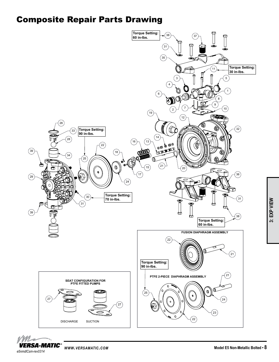 Troubleshooting guide, Composite repair parts drawing, General model specific | Symptom: potential cause(s): recommendation(s), Exp view, Pump cycles once, Pump will not operate / cycle, Pump cycles and will not prime or no flow, Product leaking through exhaust, Premature diaphragm failure | Versa-Matic 1/2 Elima-Matic Bolted Plastic (E5) User Manual | Page 11 / 13