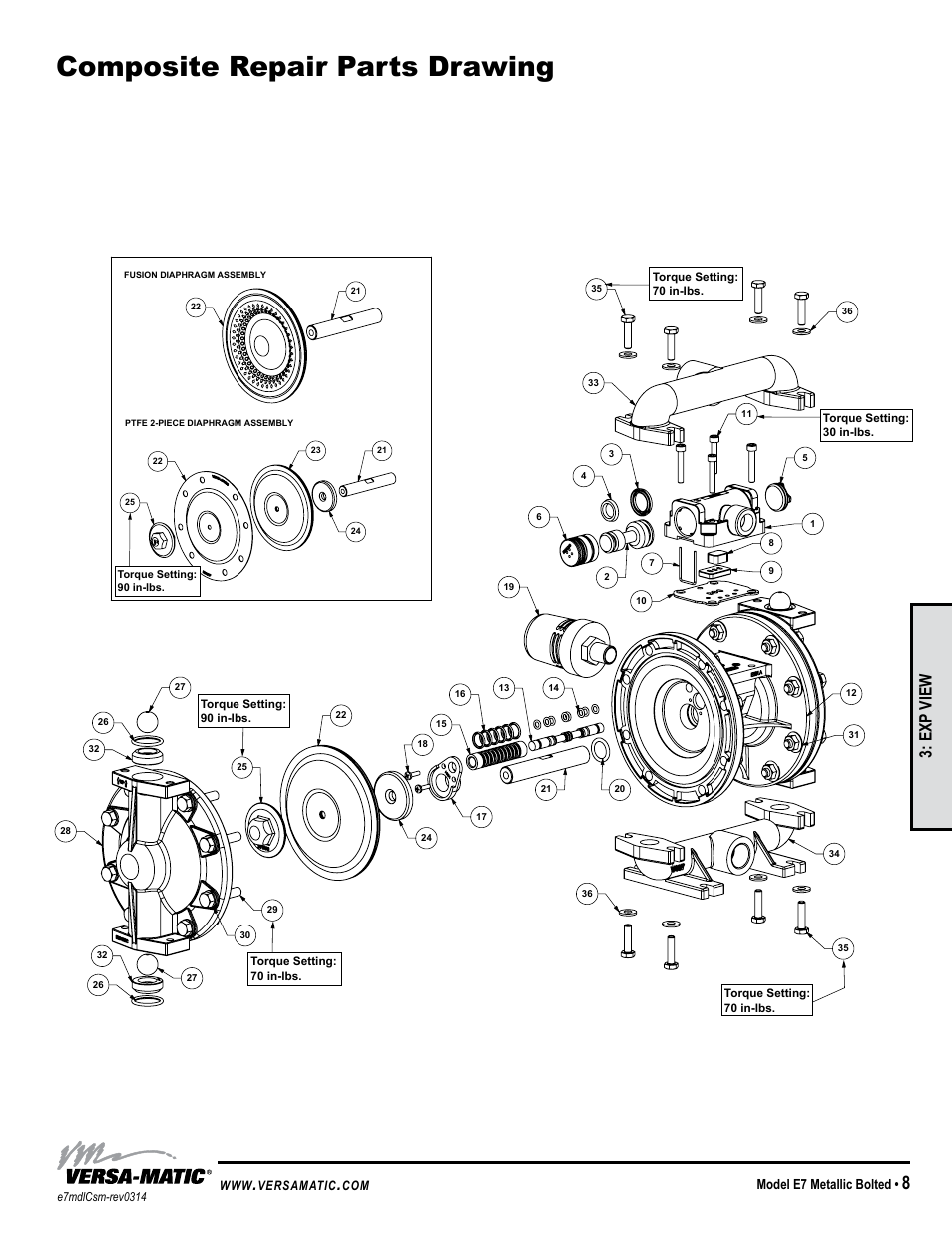 Troubleshooting guide, Composite repair parts drawing, General model specific | Symptom: potential cause(s): recommendation(s), Exp view, Pump cycles once, Pump will not operate / cycle, Pump cycles and will not prime or no flow, Product leaking through exhaust, Premature diaphragm failure | Versa-Matic 3/4 Elima-Matic Bolted Metal (E7) User Manual | Page 11 / 14