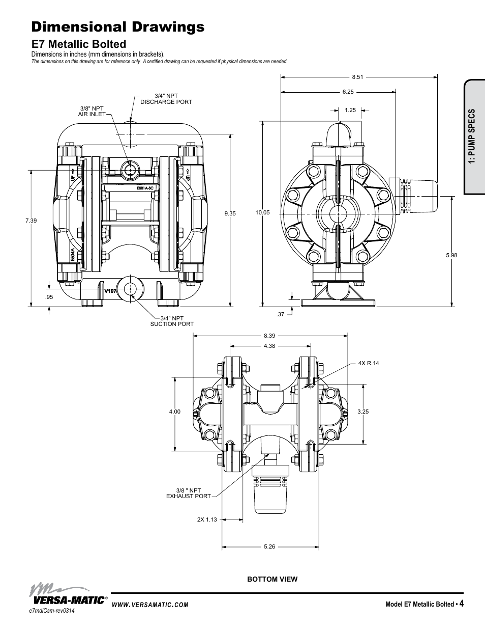 Dimensional drawings, E7 metallic bolted, Warren rupp inc | Model specific, Pump specs | Versa-Matic 3/4 Elima-Matic Bolted Metal (E7) User Manual | Page 7 / 14