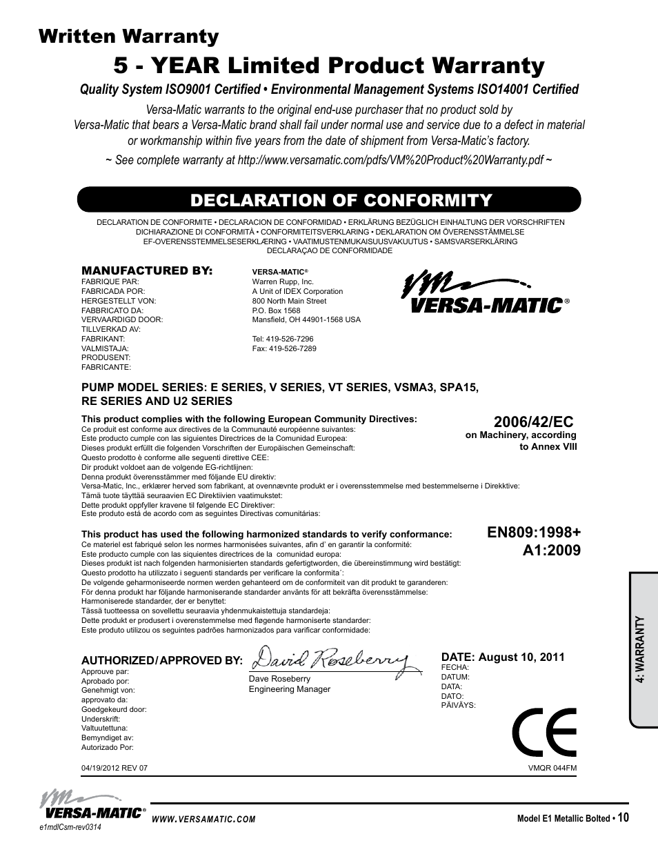 5 - year limited product warranty, Written warranty, Declaration of conformity | Model specific, W arranty | Versa-Matic 1 Elima-Matic Bolted Metal (E1) User Manual | Page 13 / 13