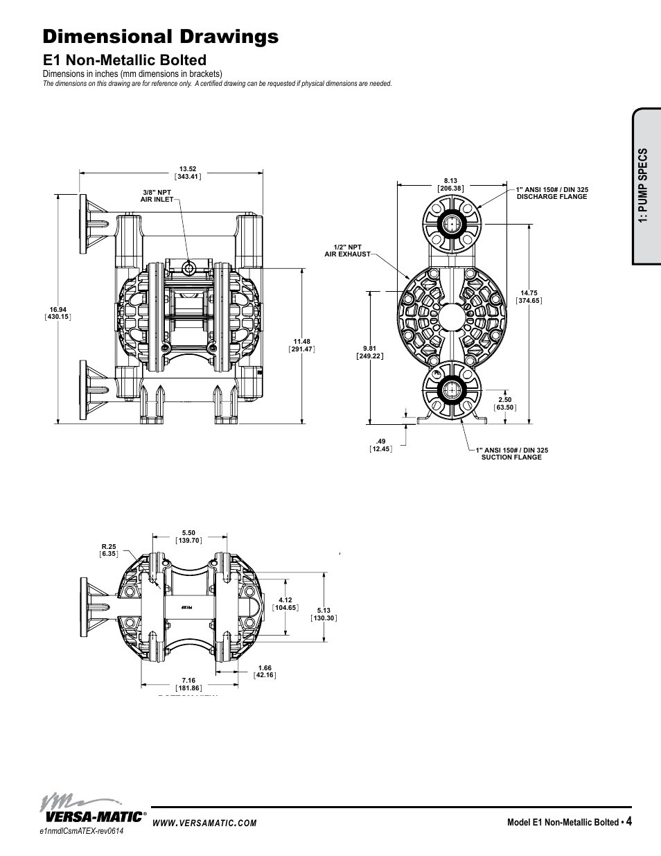 Dimensional drawings, E1 non-metallic bolted, Model specific | Pump specs, Model e1 non-metallic bolted, Dimensions in inches (mm dimensions in brackets) | Versa-Matic 1 Elima-Matic Bolted Non-Metallic – ATEX (E1) User Manual | Page 7 / 14