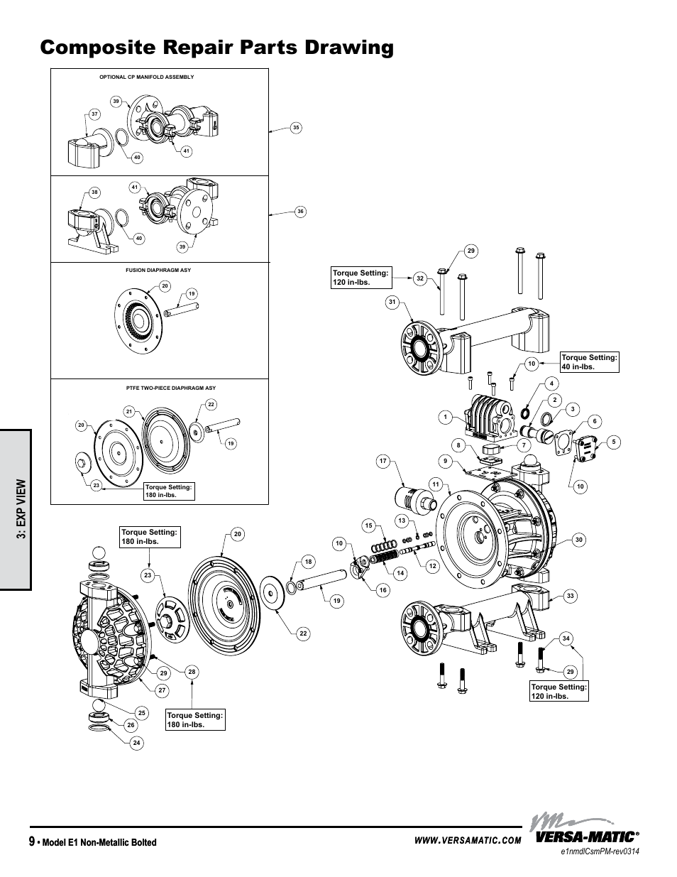 Composite repair parts drawing, General model specific, Exp view | Model e1 non-metallic bolted, Versamatic | Versa-Matic 1 Elima-Matic Bolted Non-Metallic (E1) User Manual | Page 12 / 15