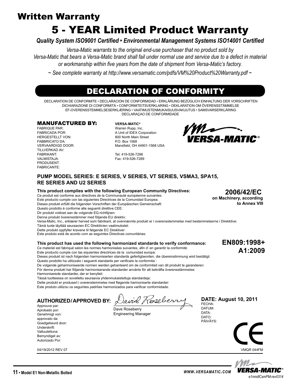 5 - year limited product warranty, Written warranty, Declaration of conformity | Model specific | Versa-Matic 1 Elima-Matic Bolted Non-Metallic (E1) User Manual | Page 14 / 15