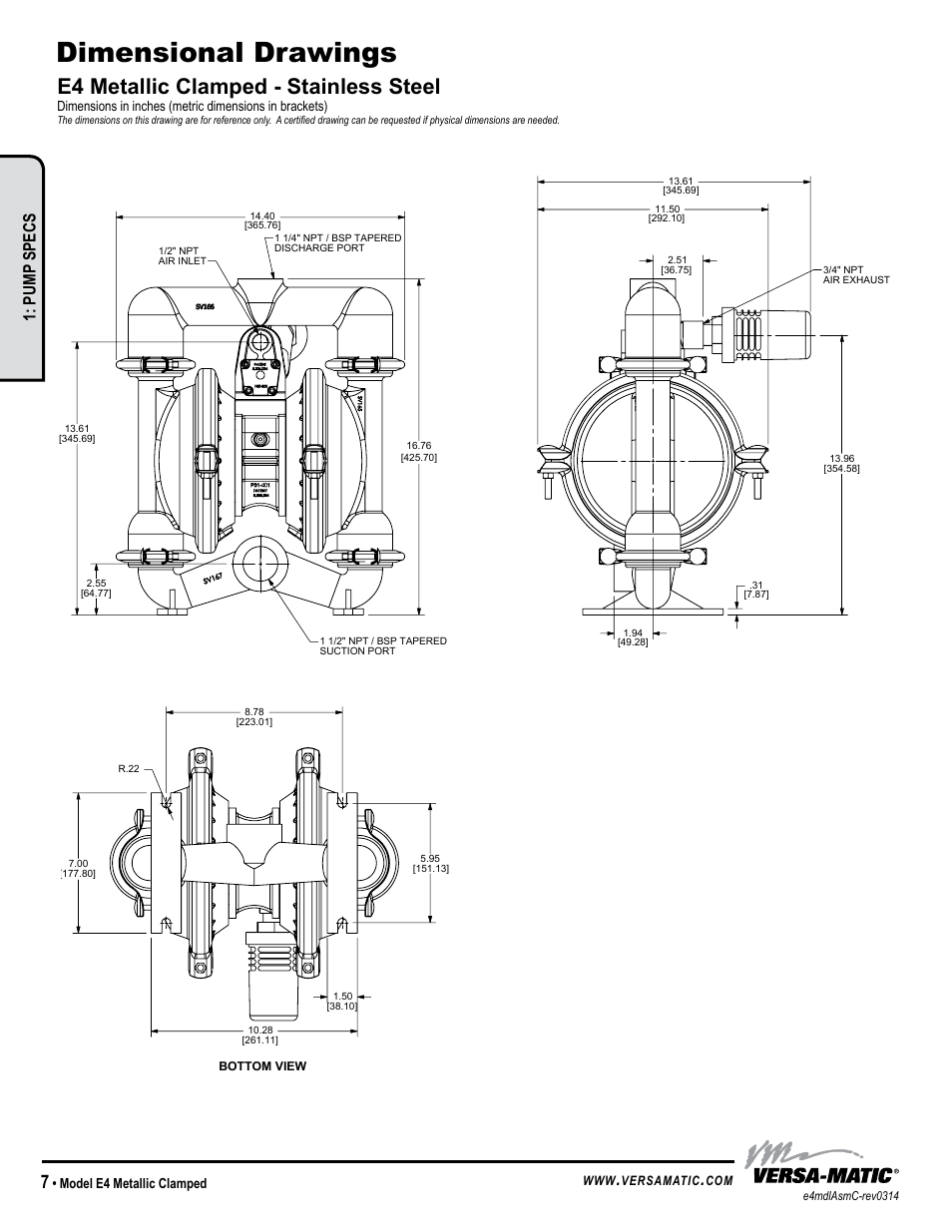 Dimensional drawings, E4 metallic clamped - stainless steel, Pump specs | Warren rupp inc, Model e4 metallic clamped, Versamatic | Versa-Matic 1 1/2 Elima-Matic Clamped Metallic (E4) User Manual | Page 10 / 16