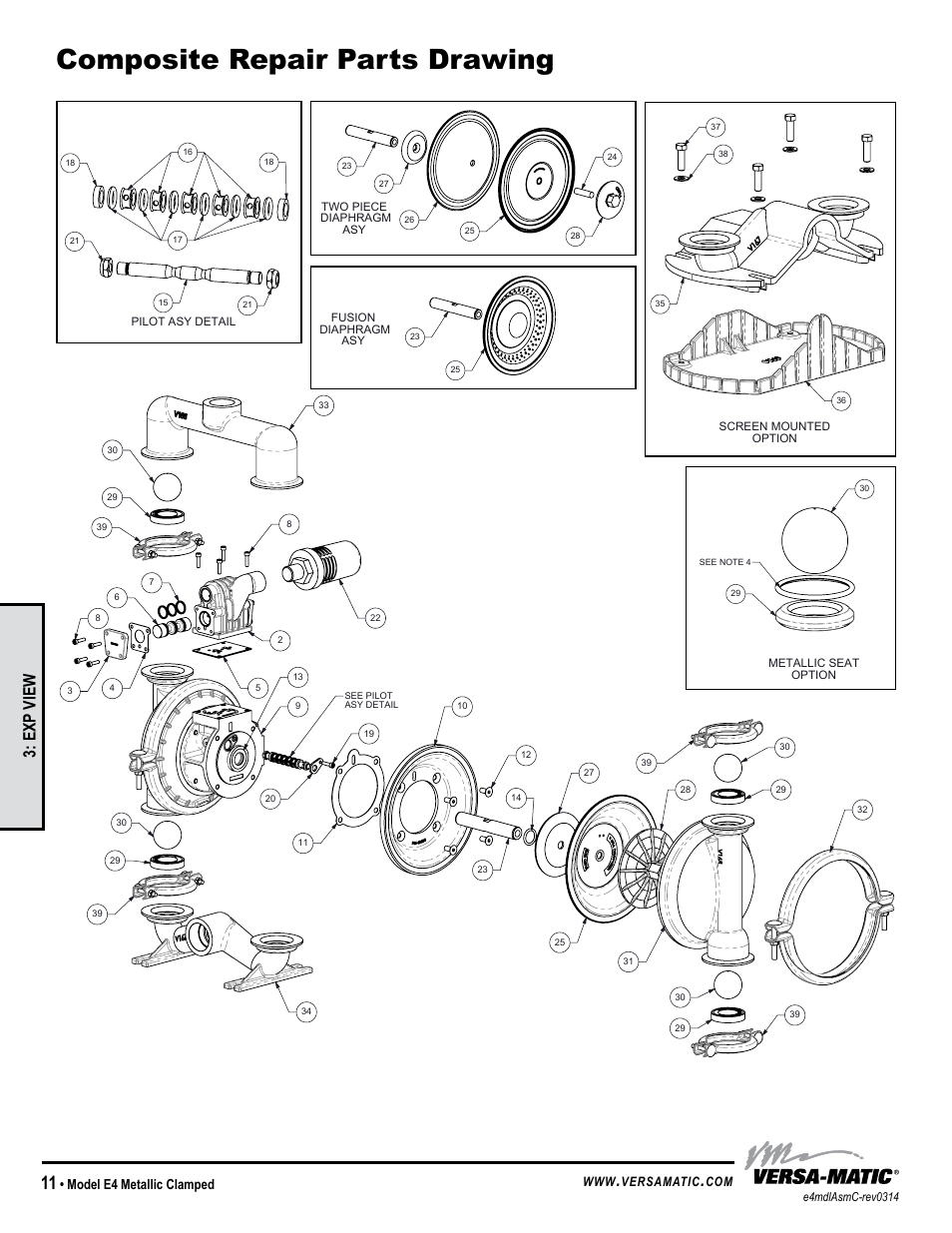 Composite repair parts drawing, General model specific, Exp view | Model e4 metallic clamped, Versamatic | Versa-Matic 1 1/2 Elima-Matic Clamped Metallic (E4) User Manual | Page 14 / 16
