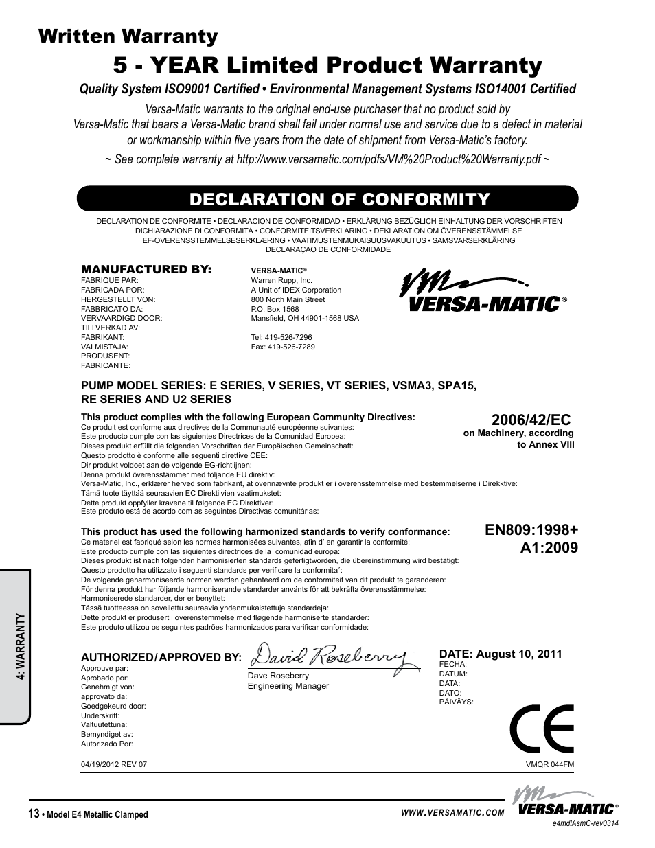 5 - year limited product warranty, Written warranty, Declaration of conformity | Model specific, W arranty | Versa-Matic 1 1/2 Elima-Matic Clamped Metallic (E4) User Manual | Page 16 / 16