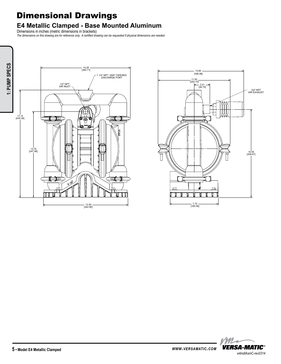 Dimensional drawings, E4 metallic clamped - base mounted aluminum, Pump specs | Model e4 metallic clamped, Versamatic, Warren rupp inc | Versa-Matic 1 1/2 Elima-Matic Clamped Metallic (E4) User Manual | Page 8 / 16