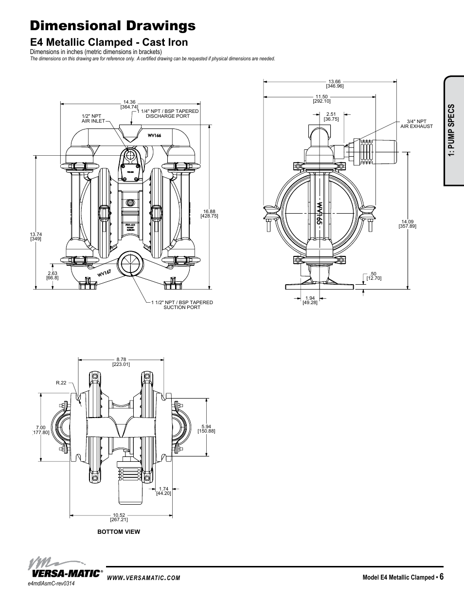 Dimensional drawings, E4 metallic clamped - cast iron, Pump specs | Warren rupp inc, Model e4 metallic clamped, Versamatic | Versa-Matic 1 1/2 Elima-Matic Clamped Metallic (E4) User Manual | Page 9 / 16