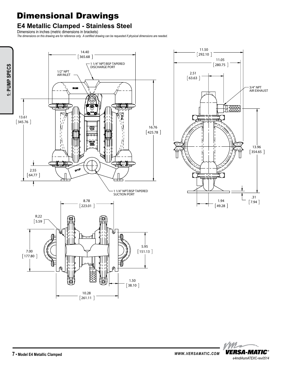 Dimensional drawings, Warren rupp, inc, E4 metallic clamped - stainless steel | Pump specs, Model e4 metallic clamped | Versa-Matic 1 1/2 Elima-Matic Clamped Metallic (E4) User Manual | Page 10 / 17