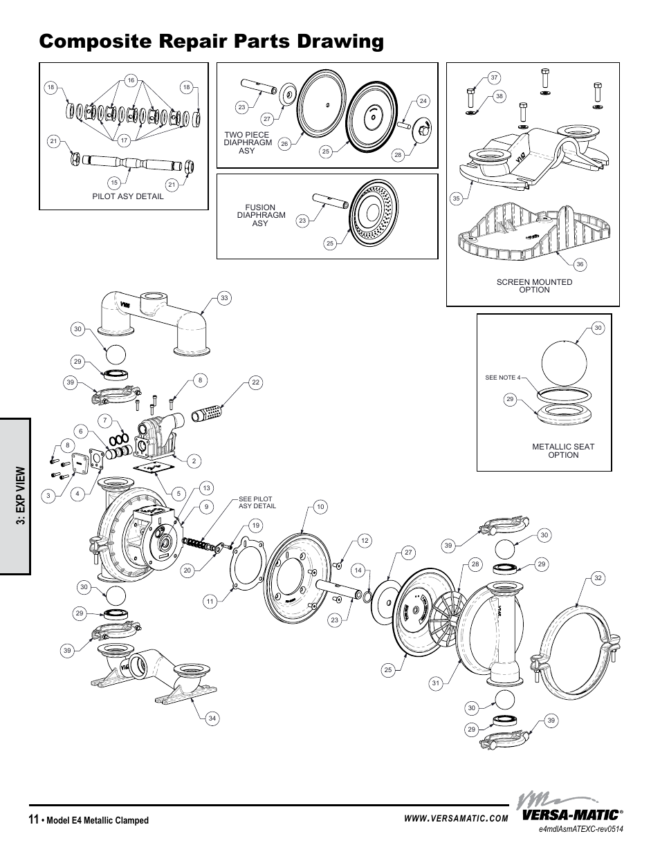 Composite repair parts drawing, General model specific, Exp view | Model e4 metallic clamped, Versamatic | Versa-Matic 1 1/2 Elima-Matic Clamped Metallic (E4) User Manual | Page 14 / 17