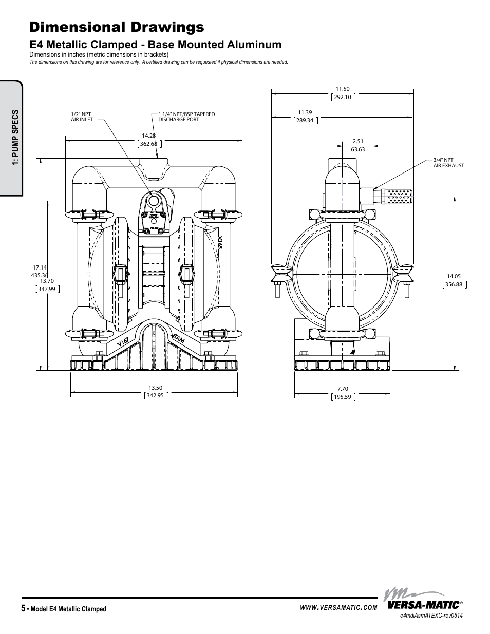 Dimensional drawings, E4 metallic clamped - base mounted aluminum, Warren rupp, inc | Pump specs, Model e4 metallic clamped | Versa-Matic 1 1/2 Elima-Matic Clamped Metallic (E4) User Manual | Page 8 / 17