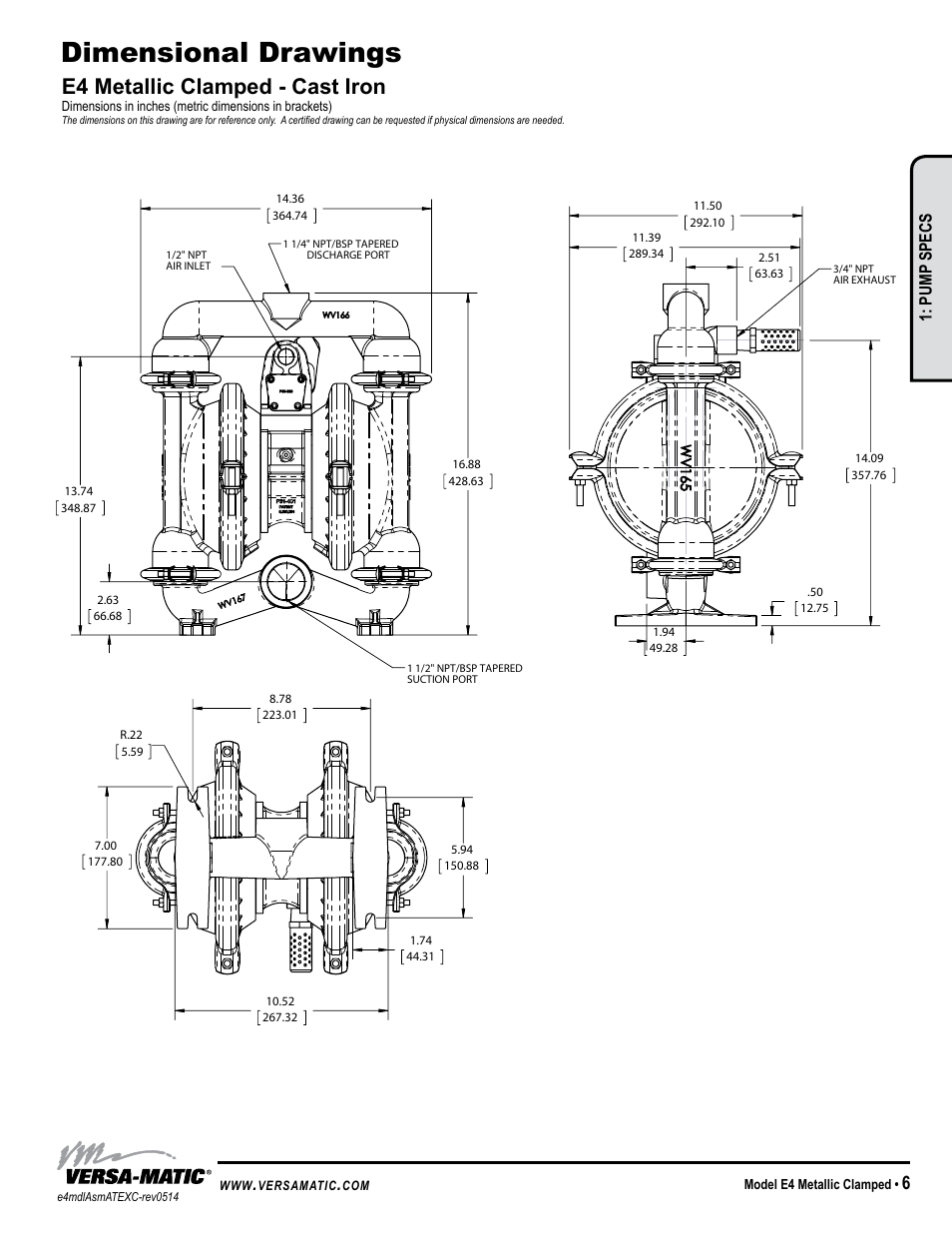 Dimensional drawings, Warren rupp, inc, E4 metallic clamped - cast iron | Pump specs, Model e4 metallic clamped | Versa-Matic 1 1/2 Elima-Matic Clamped Metallic (E4) User Manual | Page 9 / 17