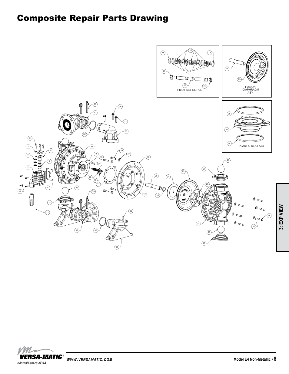 Composite repair parts drawing, General model specific, Exp view | Model e4 non-metallic, Versamatic | Versa-Matic 1 1/2 Elima-Matic Bolted Non-Metallic (E4) User Manual | Page 11 / 13