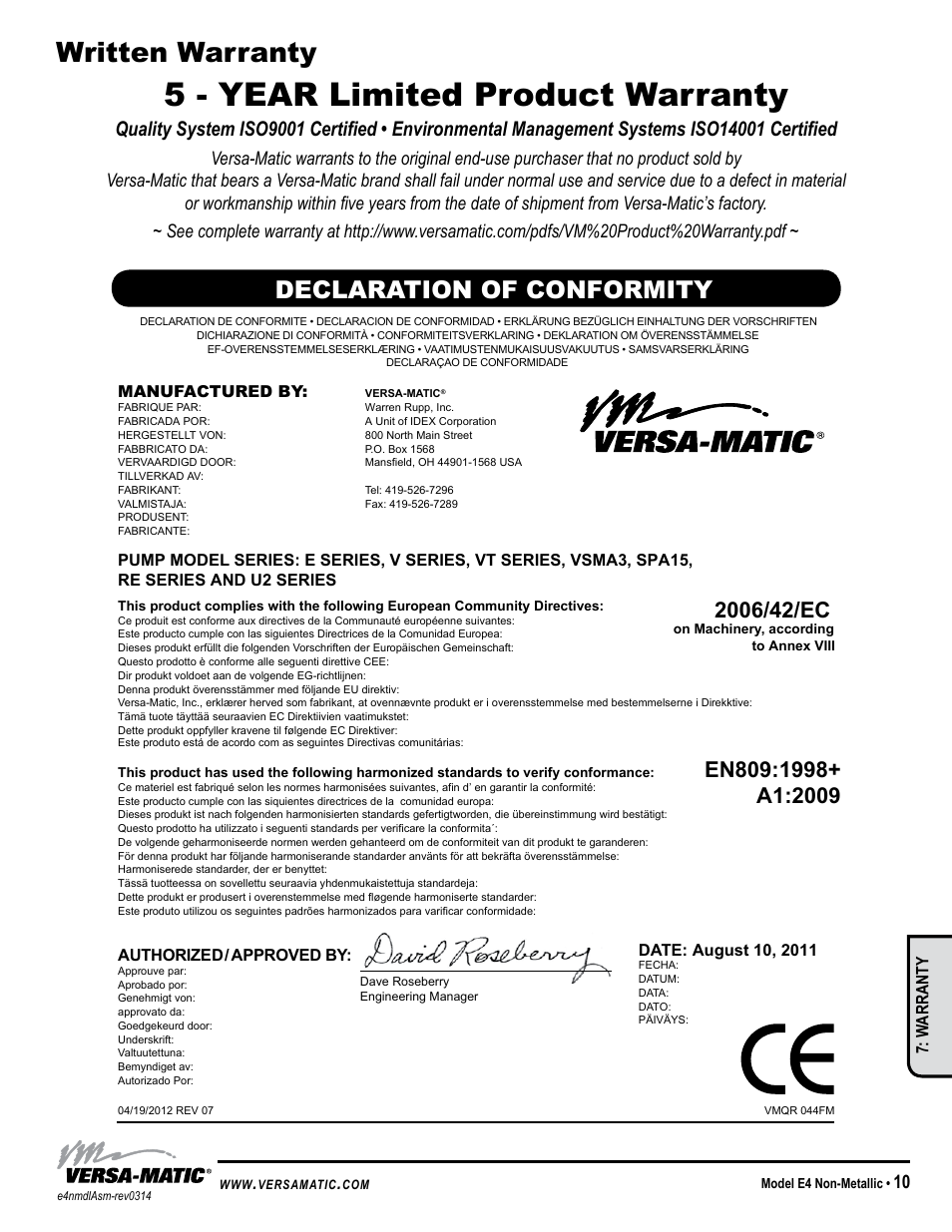 5 - year limited product warranty, Written warranty, Declaration of conformity | Model specific, W arranty | Versa-Matic 1 1/2 Elima-Matic Bolted Non-Metallic (E4) User Manual | Page 13 / 13