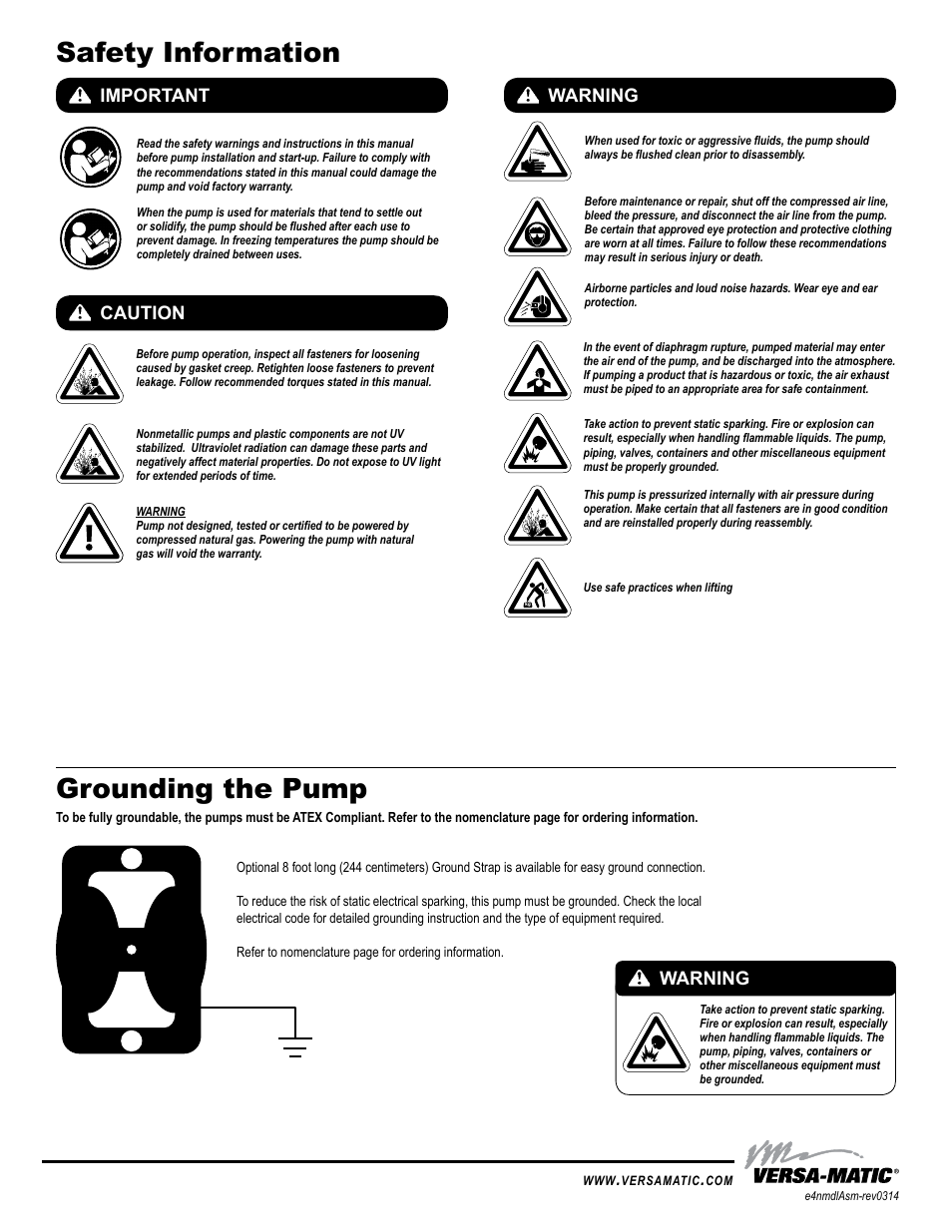 Safety information grounding the pump, Important, Caution warning | Warning, Universal all aodd | Versa-Matic 1 1/2 Elima-Matic Bolted Non-Metallic (E4) User Manual | Page 2 / 13