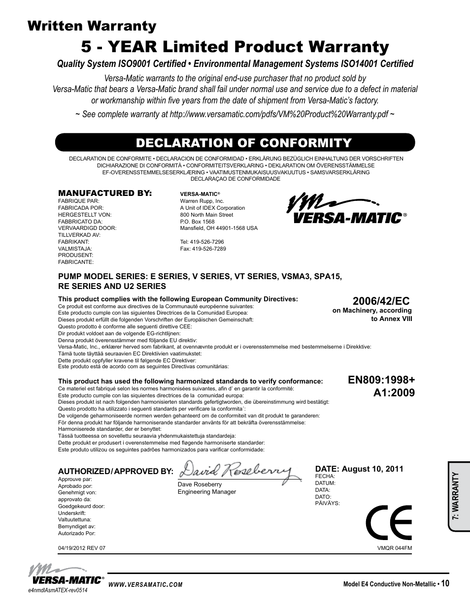 5 - year limited product warranty, Written warranty, Declaration of conformity | Model specific, W arranty | Versa-Matic 1 1/2 Elima-Matic Bolted Non-Metallic – ATEX (E4) User Manual | Page 13 / 14