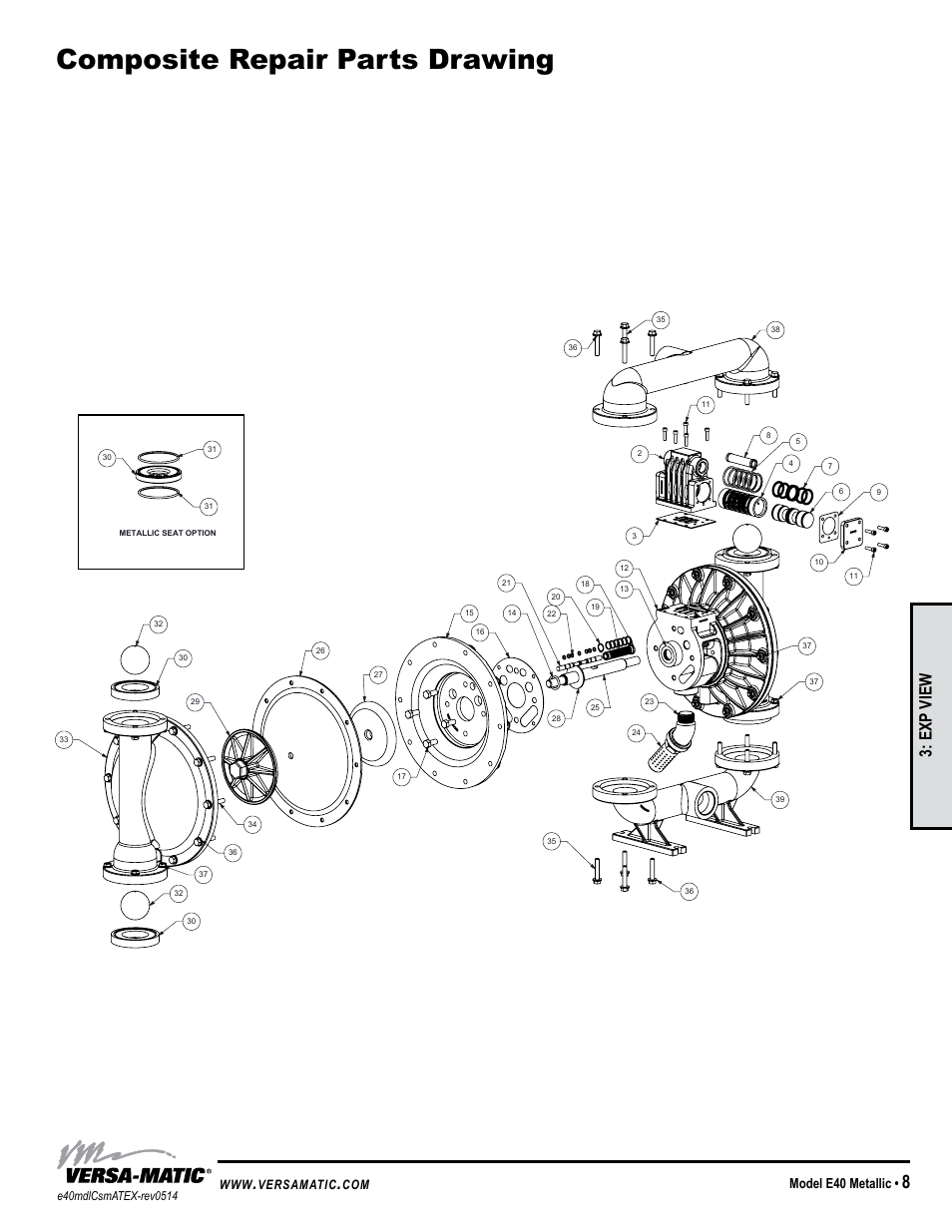 Troubleshooting guide, Composite repair parts drawing, General model specific | Symptom: potential cause(s): recommendation(s), Exp view, Pump cycles once, Pump will not operate / cycle, Pump cycles and will not prime or no flow, Product leaking through exhaust, Premature diaphragm failure | Versa-Matic 1 1/2 Elima-Matic Bolted Metallic (E40) User Manual | Page 11 / 16
