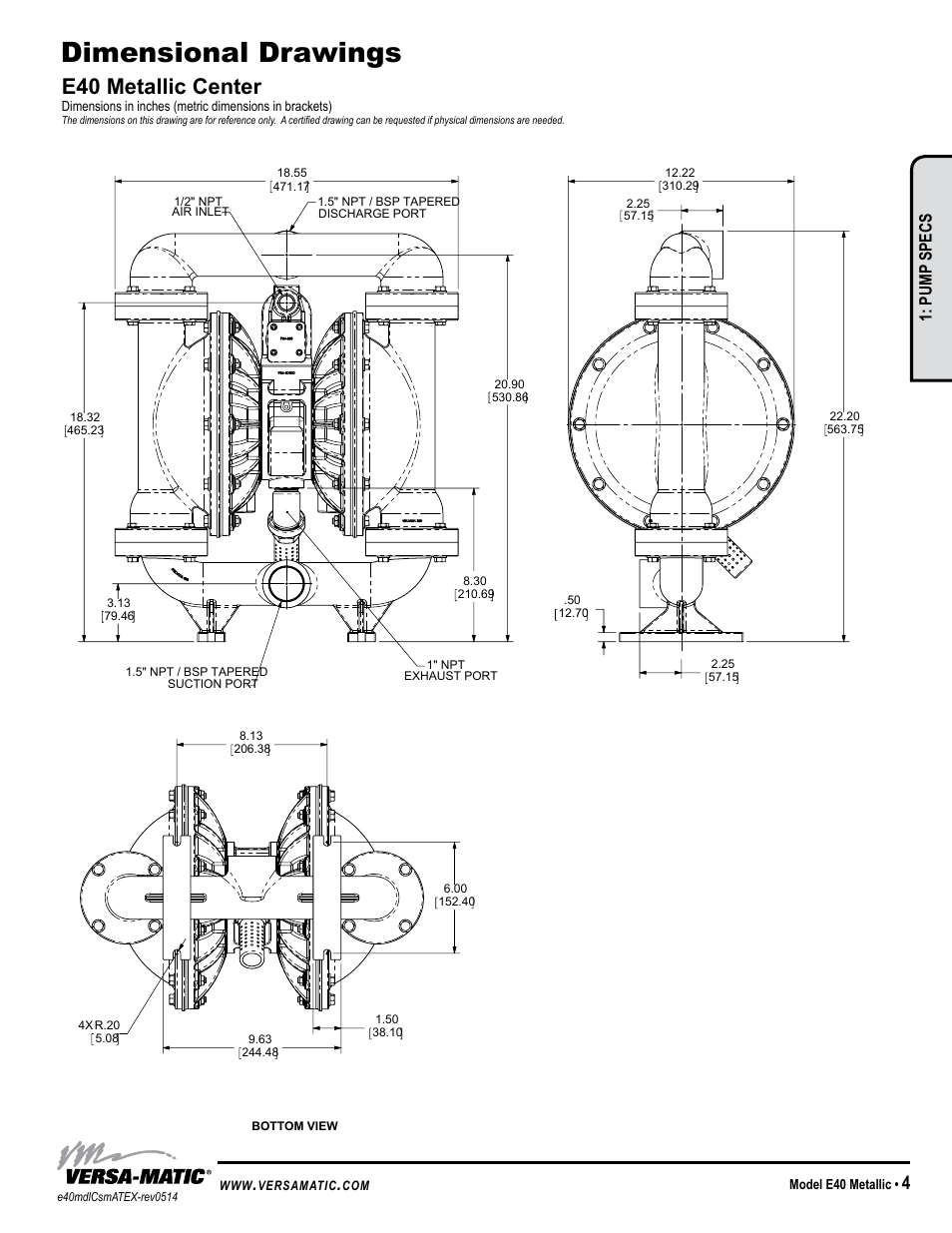 Dimensional drawings, E40 metallic center, Model specific | Pump specs | Versa-Matic 1 1/2 Elima-Matic Bolted Metallic (E40) User Manual | Page 7 / 16