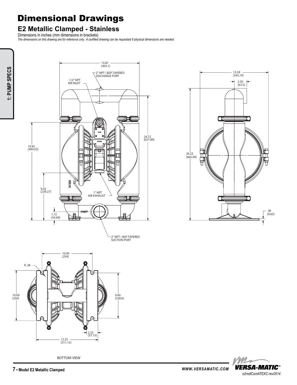Dimensional drawings, E2 metallic clamped - stainless, Pump specs | Versa-Matic 2 Elima-Matic Metallic Clamped – ATEX (E2) User Manual | Page 10 / 19