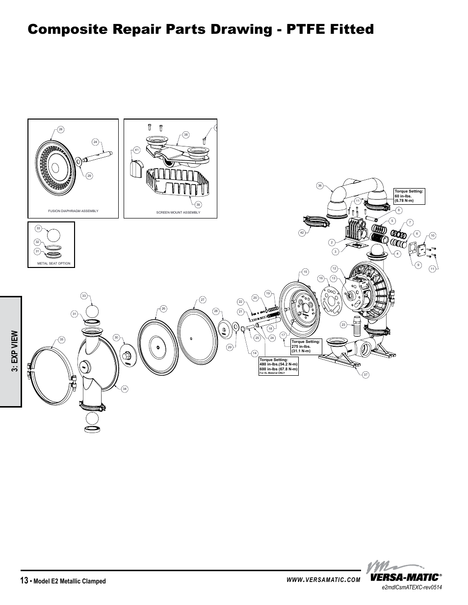 Composite repair parts drawing - ptfe fitted, Exp view, Model e2 metallic clamped | Versamatic | Versa-Matic 2 Elima-Matic Metallic Clamped – ATEX (E2) User Manual | Page 16 / 19