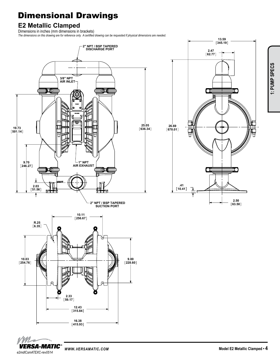 Dimensional drawings, E2 metallic clamped, Model specific | Pump specs | Versa-Matic 2 Elima-Matic Metallic Clamped – ATEX (E2) User Manual | Page 7 / 19