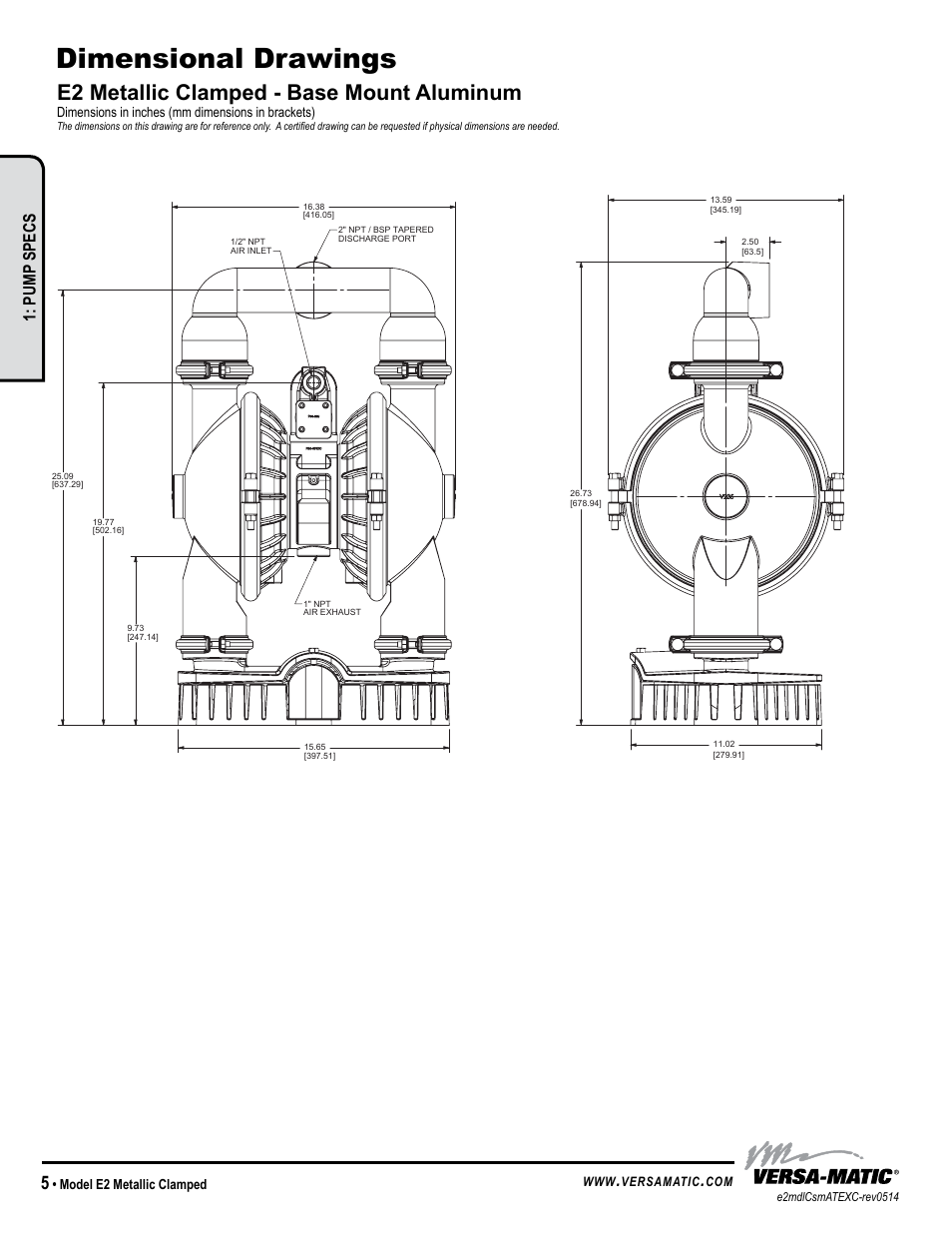 Dimensional drawings, E2 metallic clamped - base mount aluminum, Pump specs | Versa-Matic 2 Elima-Matic Metallic Clamped – ATEX (E2) User Manual | Page 8 / 19