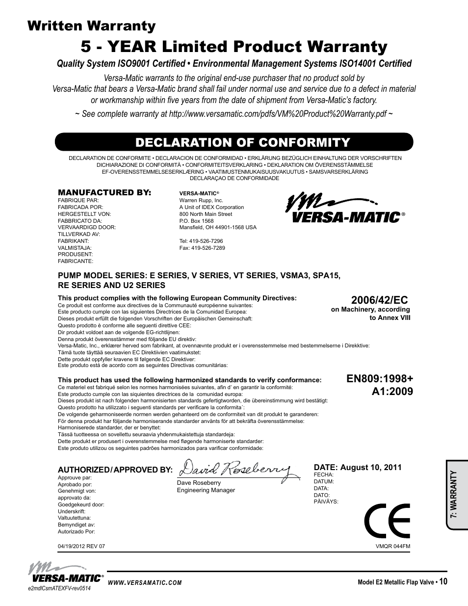 5 - year limited product warranty, Written warranty, Declaration of conformity | Model specific, W arranty | Versa-Matic 2 Elima-Matic Flap Valve – ATEX (E2) User Manual | Page 13 / 14