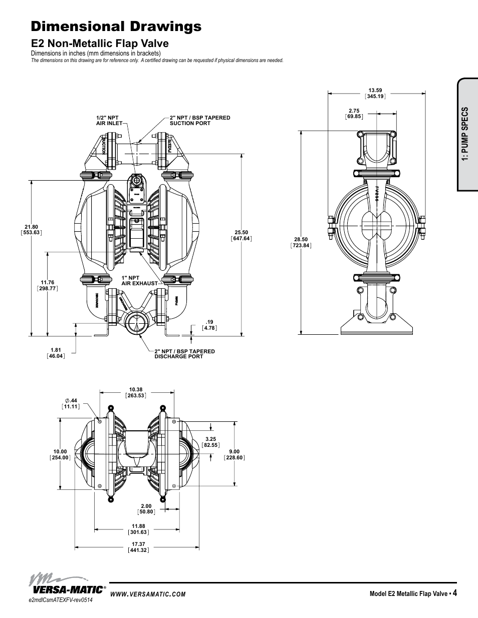 Dimensional drawings, E2 non-metallic flap valve, Model specific | Pump specs | Versa-Matic 2 Elima-Matic Flap Valve – ATEX (E2) User Manual | Page 7 / 14