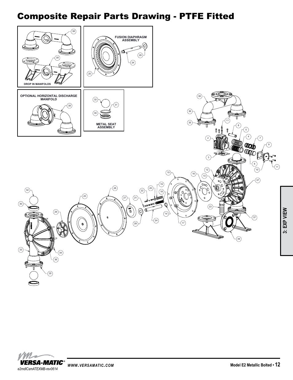 Composite repair parts drawing - ptfe fitted, Exp view, Model e2 metallic bolted | Versamatic | Versa-Matic 2 Elima-Matic Bolted Metallic – ATEX (E2) User Manual | Page 15 / 18