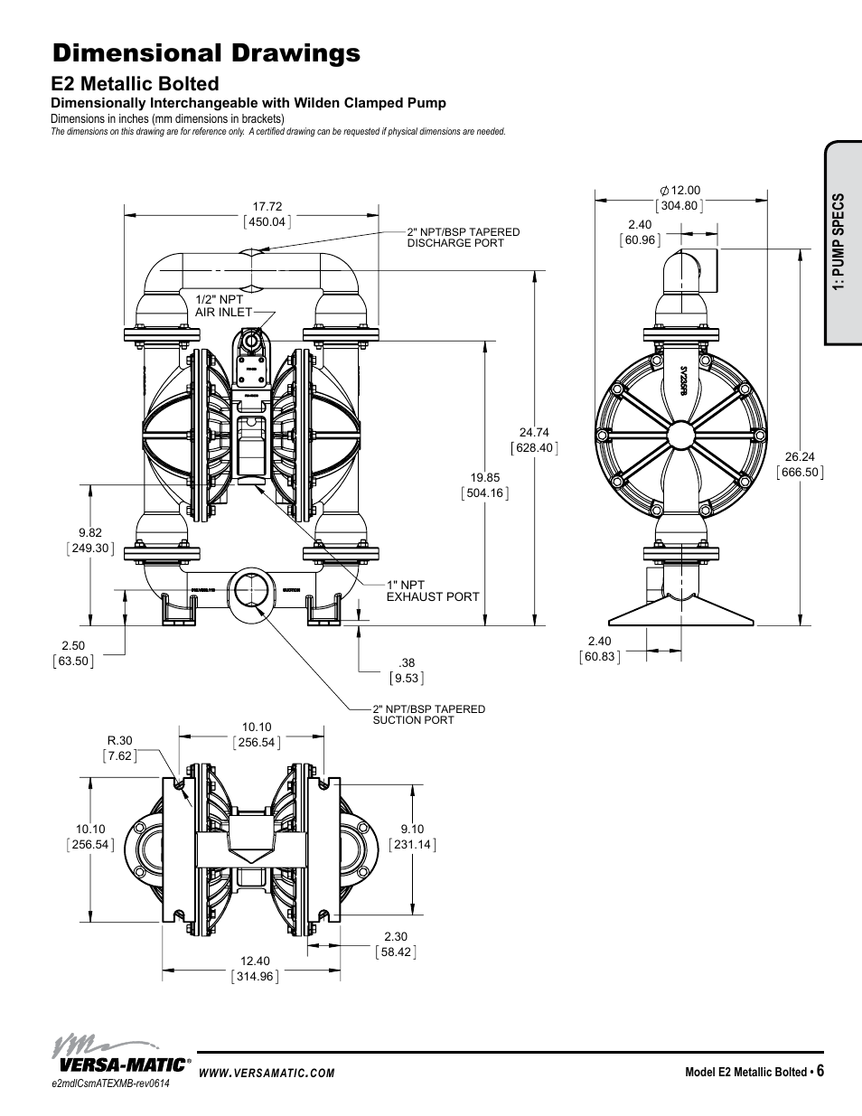 Dimensional drawings, E2 metallic bolted, Warren rupp, inc | Pump specs, Model e2 metallic bolted, Dimensions in inches (mm dimensions in brackets) | Versa-Matic 2 Elima-Matic Bolted Metallic – ATEX (E2) User Manual | Page 9 / 18