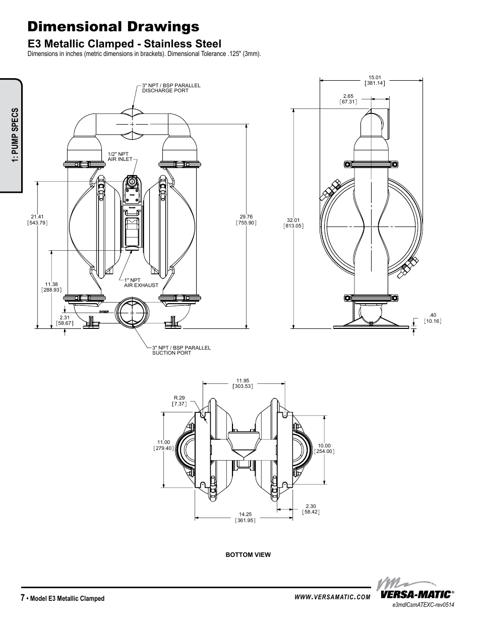 Dimensional drawings, E3 metallic clamped - stainless steel, Pump specs | Warren rupp inc, Model e3 metallic clamped, Versamatic | Versa-Matic 3 Elima-Matic Clamped Metallic - ATEX (E3) User Manual | Page 10 / 19