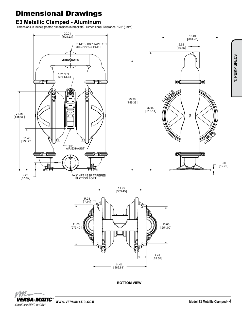 Dimensional drawings, E3 metallic clamped - aluminum, Model specific | Warren rupp inc, Pump specs, Model e3 metallic clamped | Versa-Matic 3 Elima-Matic Clamped Metallic - ATEX (E3) User Manual | Page 7 / 19