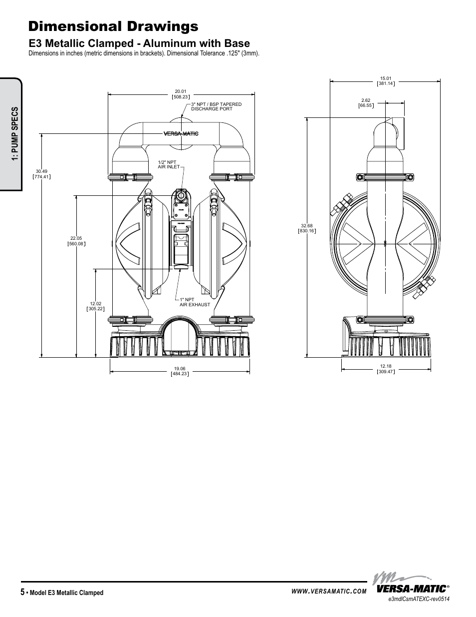 Dimensional drawings, E3 metallic clamped - aluminum with base, Pump specs | Model e3 metallic clamped, Warren rupp inc, Versamatic | Versa-Matic 3 Elima-Matic Clamped Metallic - ATEX (E3) User Manual | Page 8 / 19