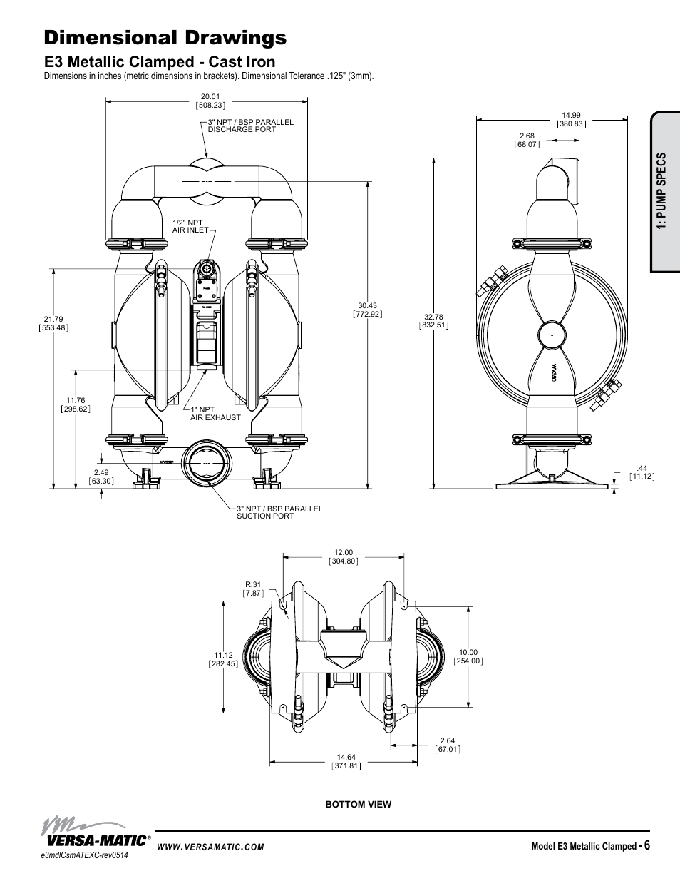 Dimensional drawings, E3 metallic clamped - cast iron, Warren rupp inc | Pump specs, Model e3 metallic clamped, Versamatic | Versa-Matic 3 Elima-Matic Clamped Metallic - ATEX (E3) User Manual | Page 9 / 19