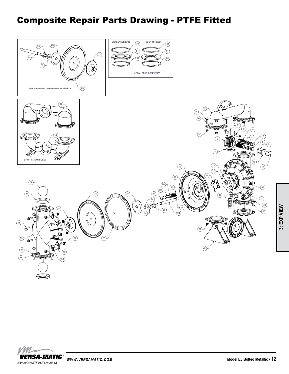 Composite repair parts drawing - ptfe fitted, Exp view, Model e3 bolted metallic | Versamatic | Versa-Matic 3 Elima-Matic Bolted Metallic (E3) User Manual | Page 15 / 18