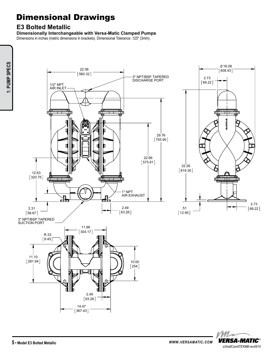 Dimensional drawings, E3 bolted metallic, Warren rupp, inc | Pump specs, Model e3 bolted metallic | Versa-Matic 3 Elima-Matic Bolted Metallic (E3) User Manual | Page 8 / 18