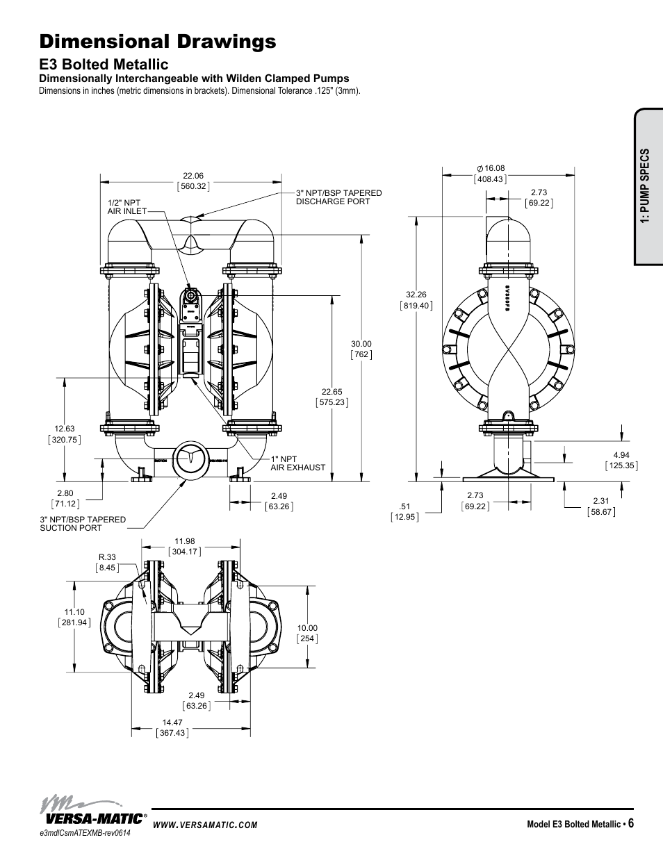 Dimensional drawings, E3 bolted metallic, Warren rupp, inc | Pump specs, Model e3 bolted metallic | Versa-Matic 3 Elima-Matic Bolted Metallic (E3) User Manual | Page 9 / 18