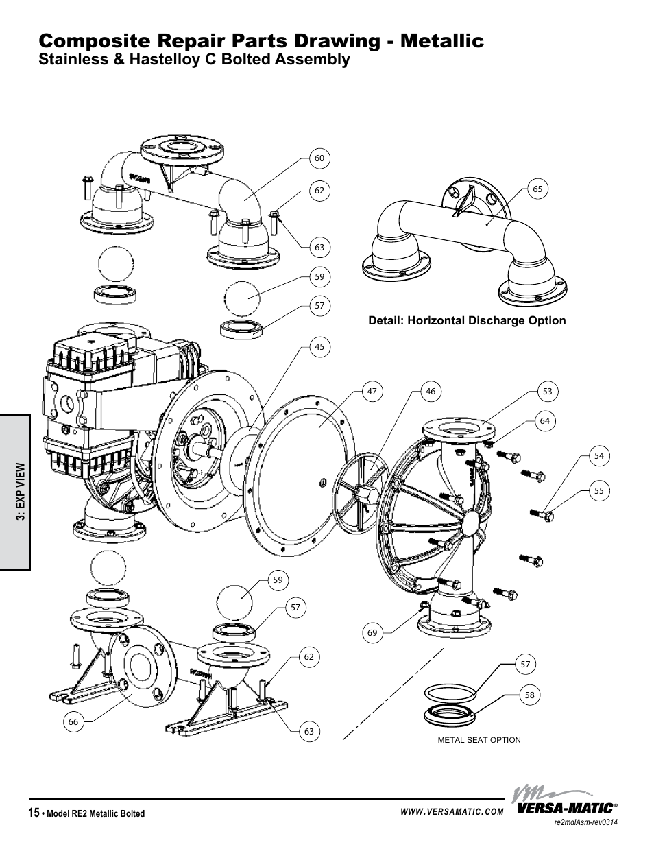 Composite repair parts drawing - metallic, Stainless & hastelloy c bolted assembly | Versa-Matic 2 Bolted Metallic Ball Valve Pumps (RE2) User Manual | Page 18 / 33