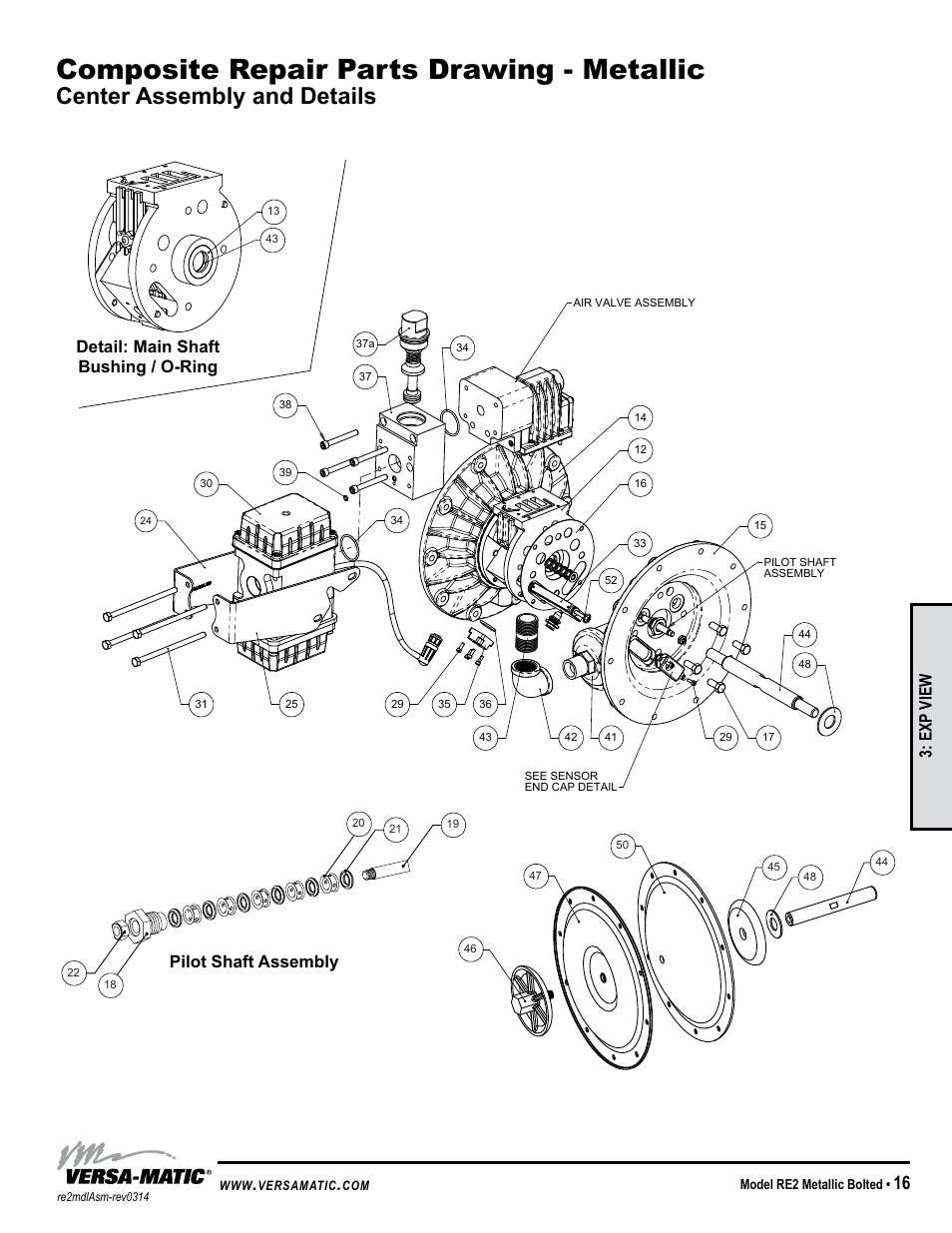 Composite repair parts drawing - metallic, Center assembly and details, Exp view | Versa-Matic 2 Bolted Metallic Ball Valve Pumps (RE2) User Manual | Page 19 / 33