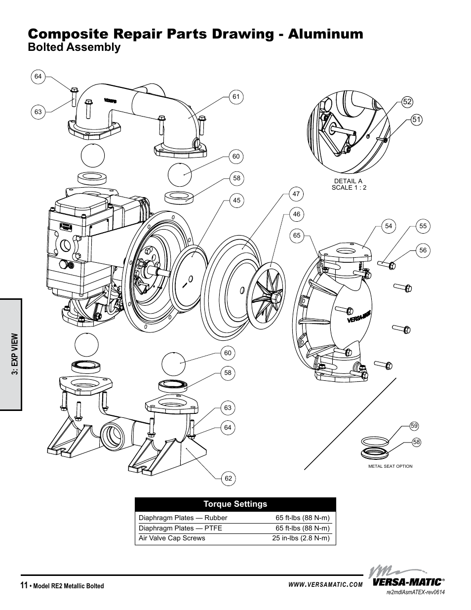 Composite repair parts drawing - aluminum, Bolted assembly, General model specific | Versa-Matic 2 Bolted Metallic Hazardous Service Ball Valve (RE2) User Manual | Page 14 / 36