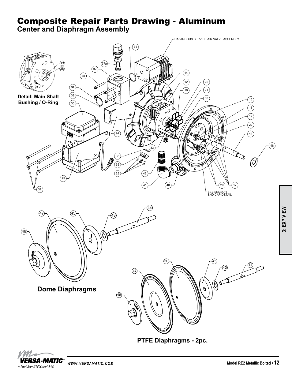 Composite repair parts drawing - aluminum, Center and diaphragm assembly, Idex aodd | Dome diaphragms, Ptfe diaphragms - 2pc, Exp view, Detail: main shaft bushing / o-ring, Model re2 metallic bolted, Detail 6, Versamatic | Versa-Matic 2 Bolted Metallic Hazardous Service Ball Valve (RE2) User Manual | Page 15 / 36