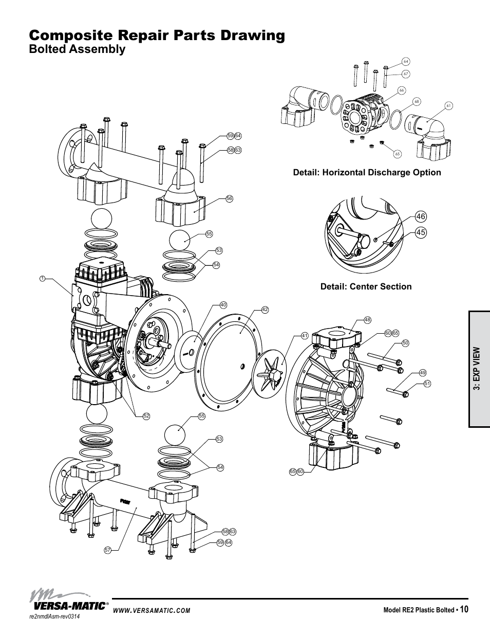 Composite repair parts drawing, Bolted assembly, General model specific | Exp view, Detail 3, Detail: horizontal discharge option | Versa-Matic 2 Bolted Plastic Ball Valve Pumps (RE2P) User Manual | Page 13 / 27