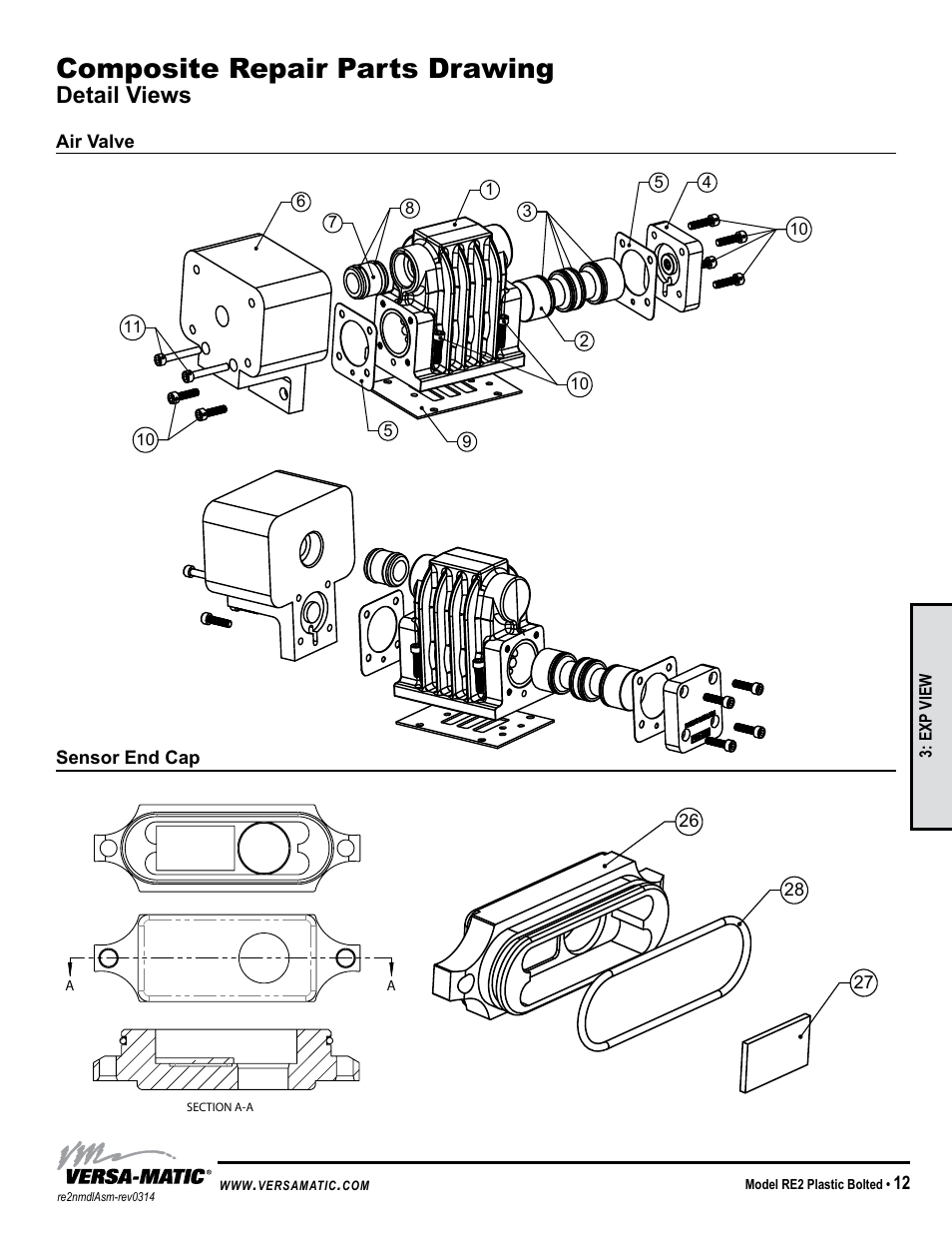 Idex aodd, Composite repair parts drawing, Detail views | Detail 5, Detail 3, Air valve sensor end cap | Versa-Matic 2 Bolted Plastic Ball Valve Pumps (RE2P) User Manual | Page 15 / 27