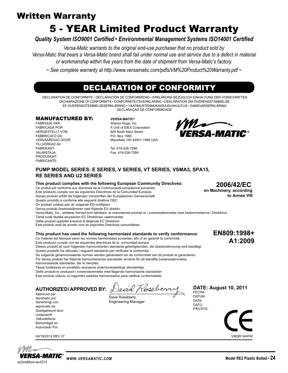 5 - year limited product warranty, Written warranty, Declaration of conformity | Model specific | Versa-Matic 2 Bolted Plastic Ball Valve Pumps (RE2P) User Manual | Page 27 / 27