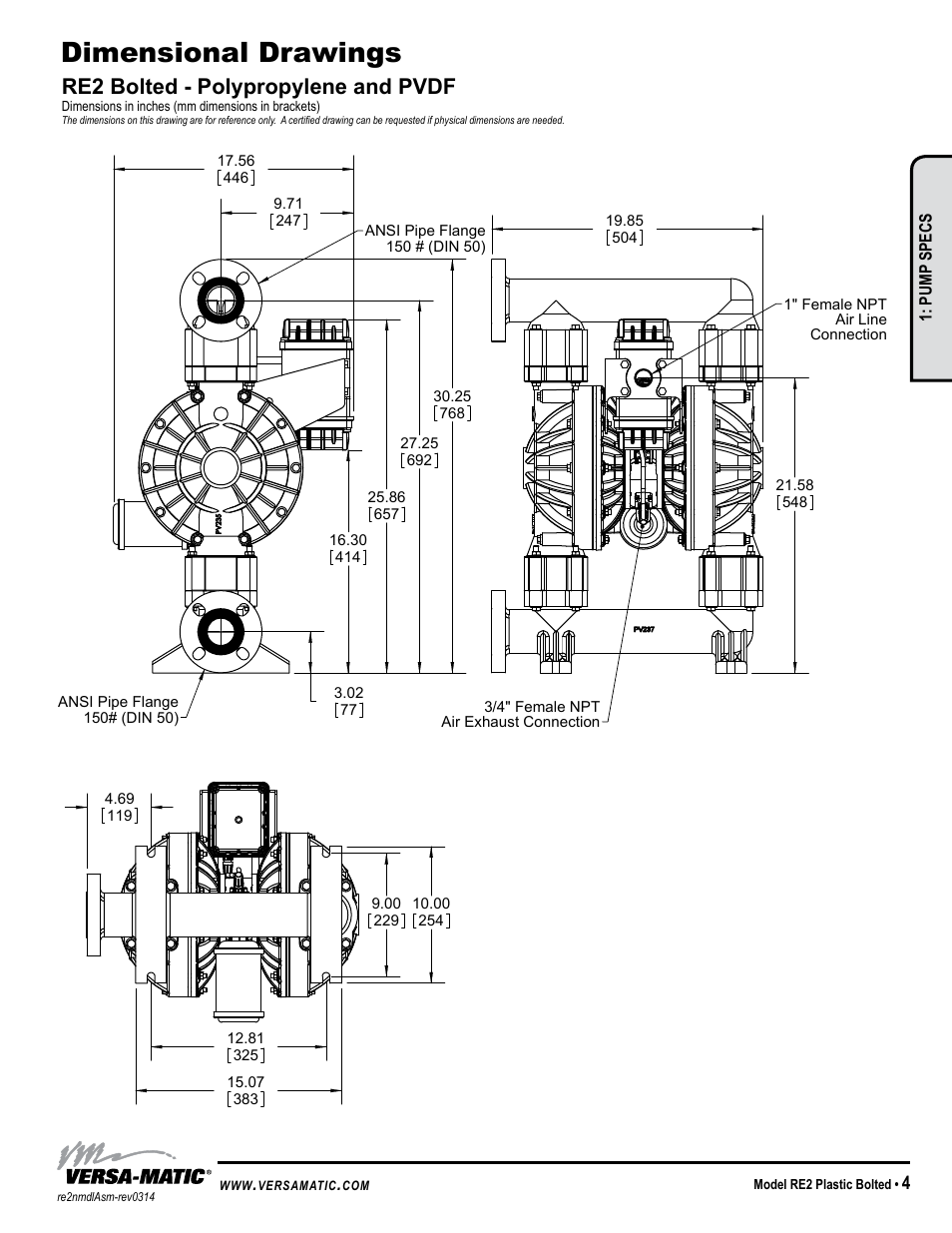 Dimensional drawings, Re2 bolted - polypropylene and pvdf | Versa-Matic 2 Bolted Plastic Ball Valve Pumps (RE2P) User Manual | Page 7 / 27