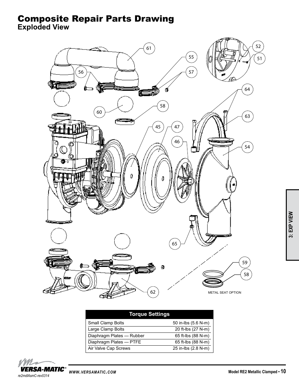 Composite repair parts drawing, Exploded view | Versa-Matic 2 Clamped Metallic Ball Valve Pumps (RE2) User Manual | Page 13 / 28