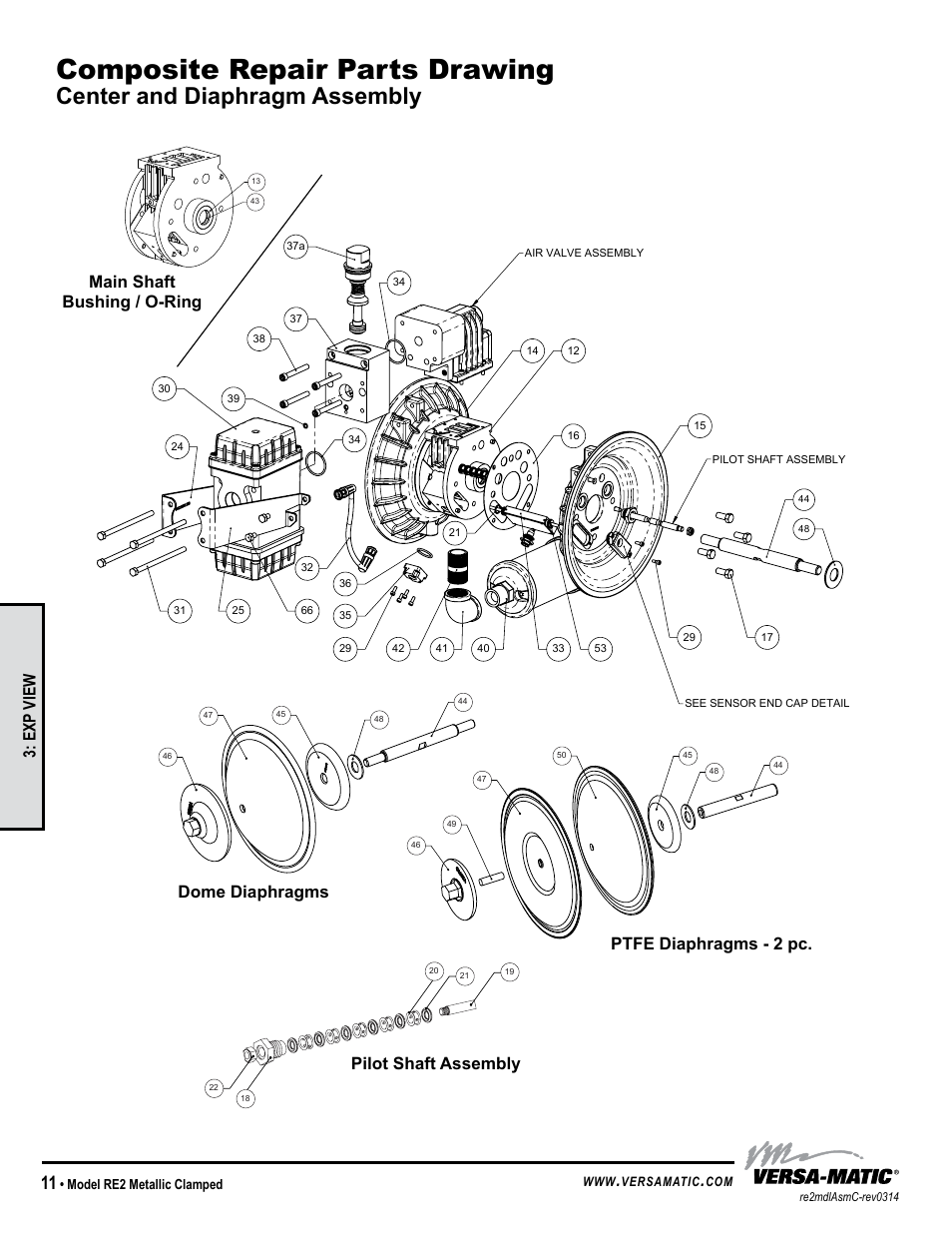 Composite repair parts drawing, Center and diaphragm assembly, Exp view | Versa-Matic 2 Clamped Metallic Ball Valve Pumps (RE2) User Manual | Page 14 / 28