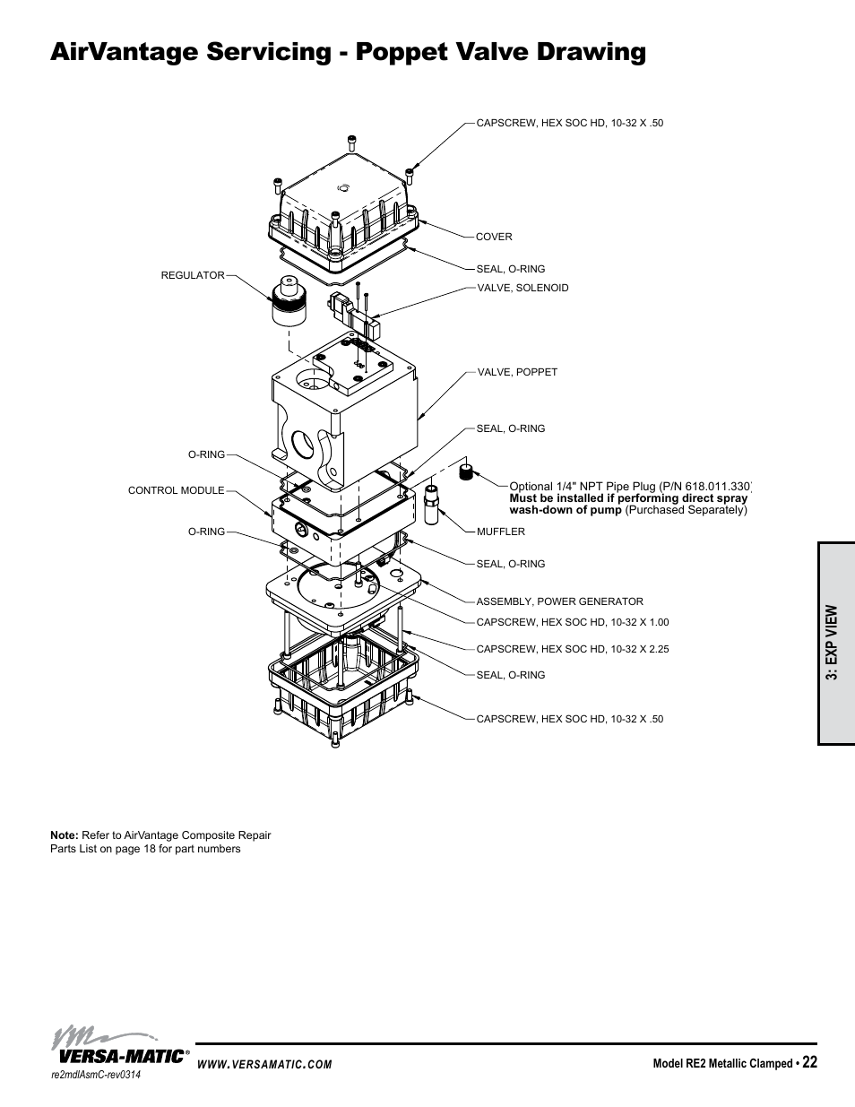 Airvantage servicing - poppet valve drawing, Exp view | Versa-Matic 2 Clamped Metallic Ball Valve Pumps (RE2) User Manual | Page 25 / 28