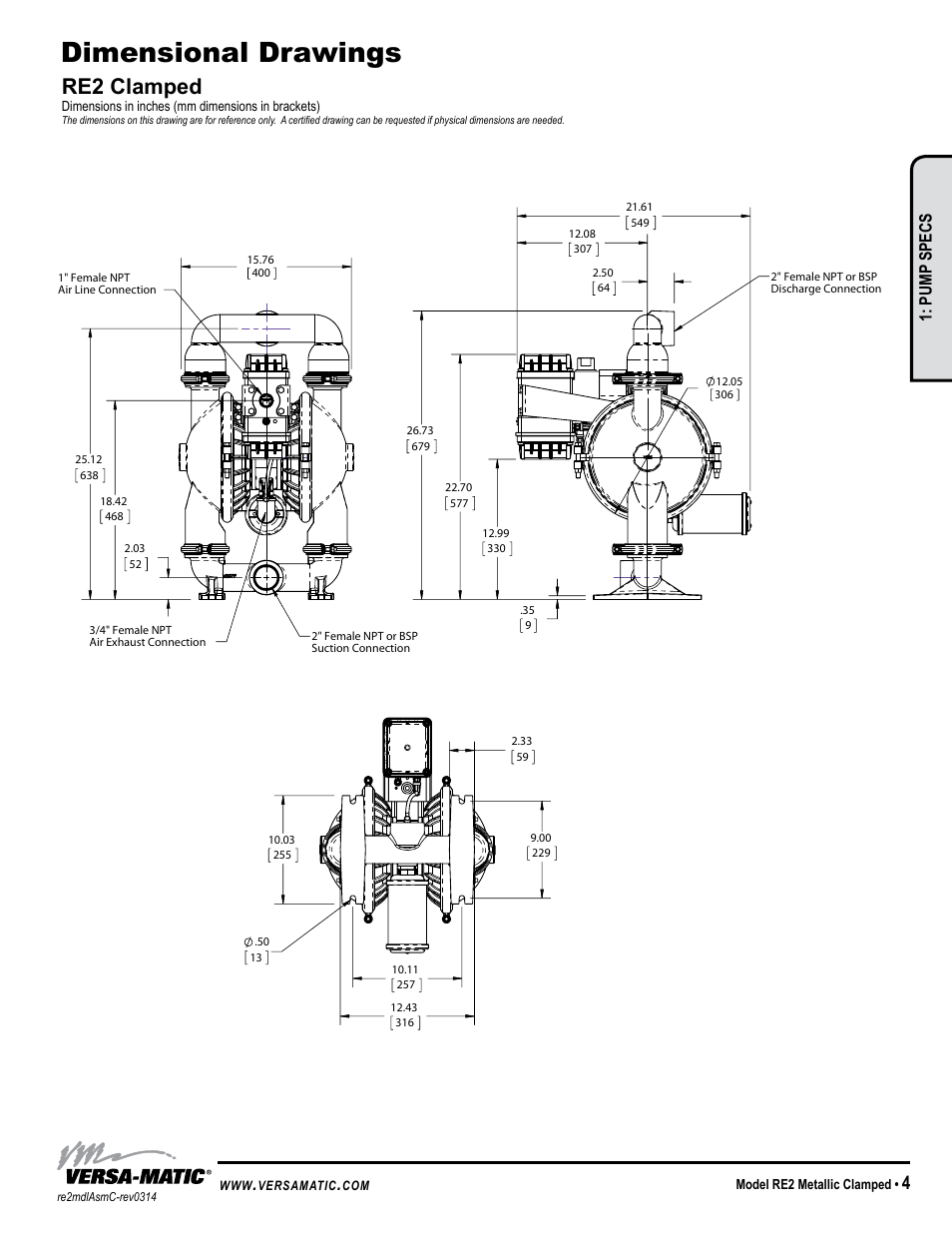 Dimensional drawings, Re2 clamped, Model specific | Pump specs | Versa-Matic 2 Clamped Metallic Ball Valve Pumps (RE2) User Manual | Page 7 / 28