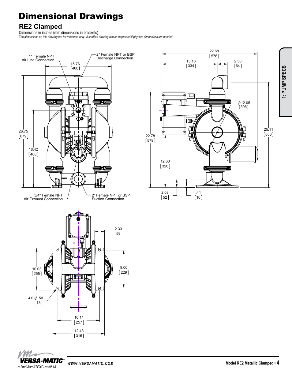 Dimensional drawings, Re2 clamped, Model specific | Pump specs | Versa-Matic 2 Clamped Metallic Hazardous Service Ball Valve (RE2) User Manual | Page 7 / 30